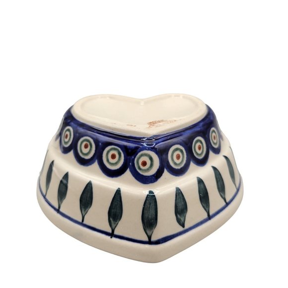 Polish Bolesawiec Pottery Peacock Pattern Heart Shaped Bowl Folk Art Blue - Picture 6 of 7